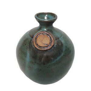 Signed Studio Pottery‎ Bud Vase Teal Green Speckled Glaze Artisan Stoneware